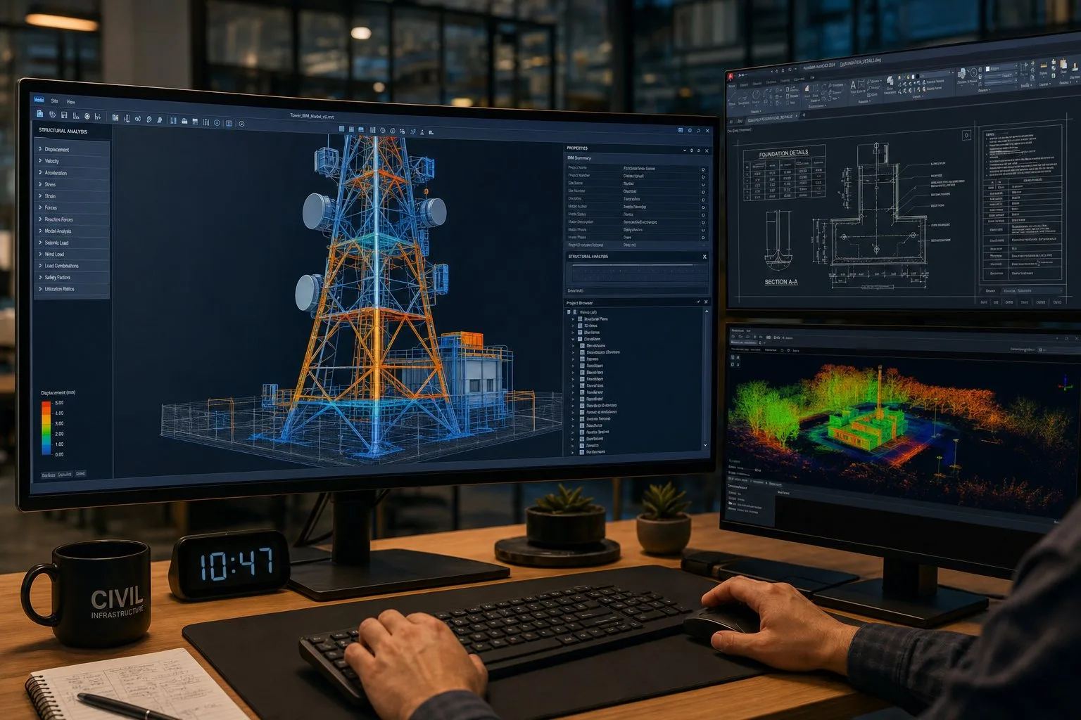 BIM and LiDAR engineering workstation showing tower analysis