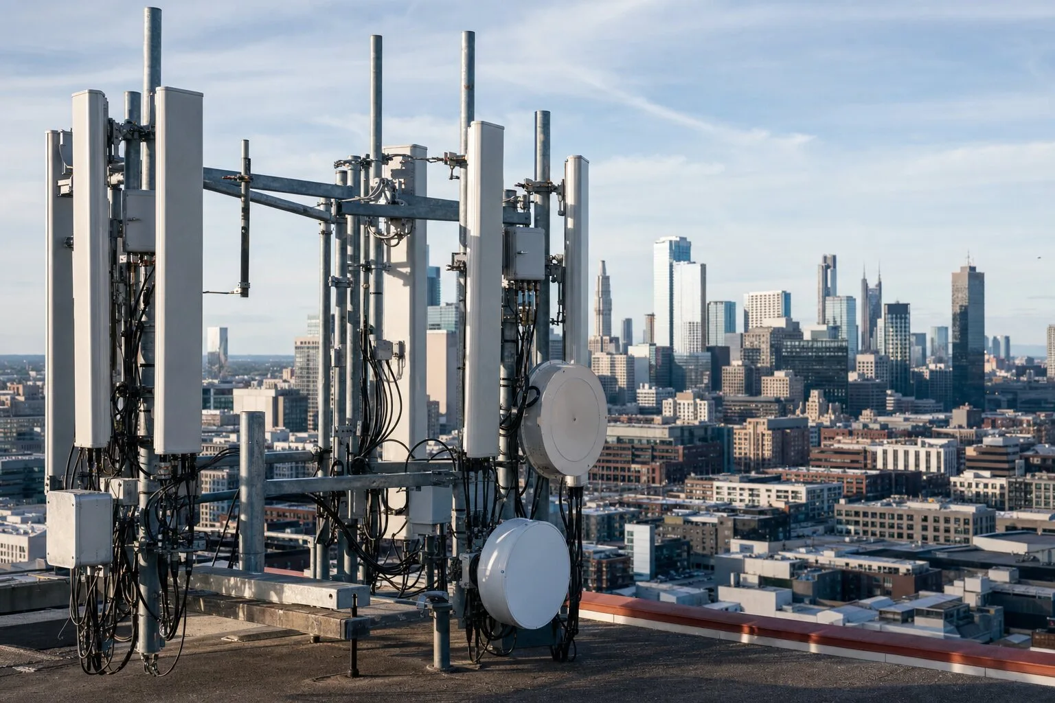Rooftop cellular installation over an American downtown skyline